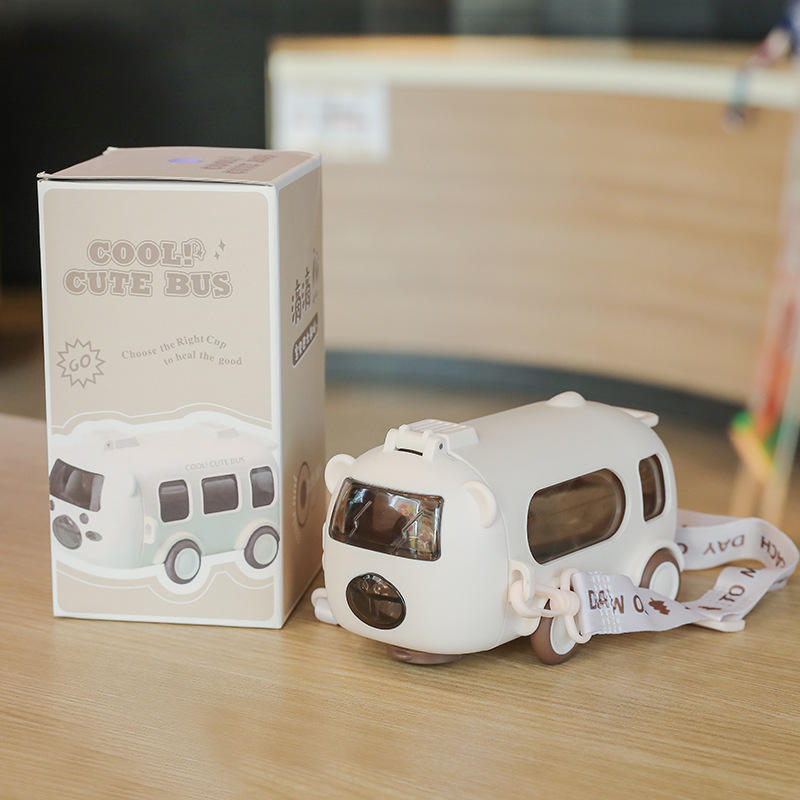 High- Bus Plastic Cup Children's Creative Portable Outdoor Bouncing Straw One-button Cover Drop-resistant PP Cartoon Car